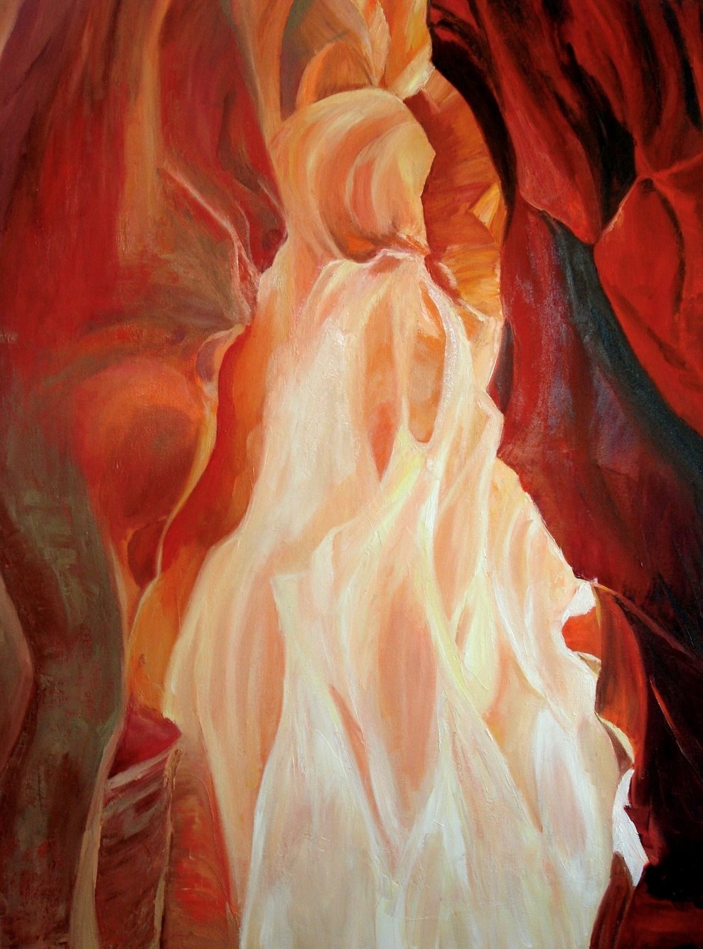 An oil painting by Grace McKee of light falling through a red slot canyon.