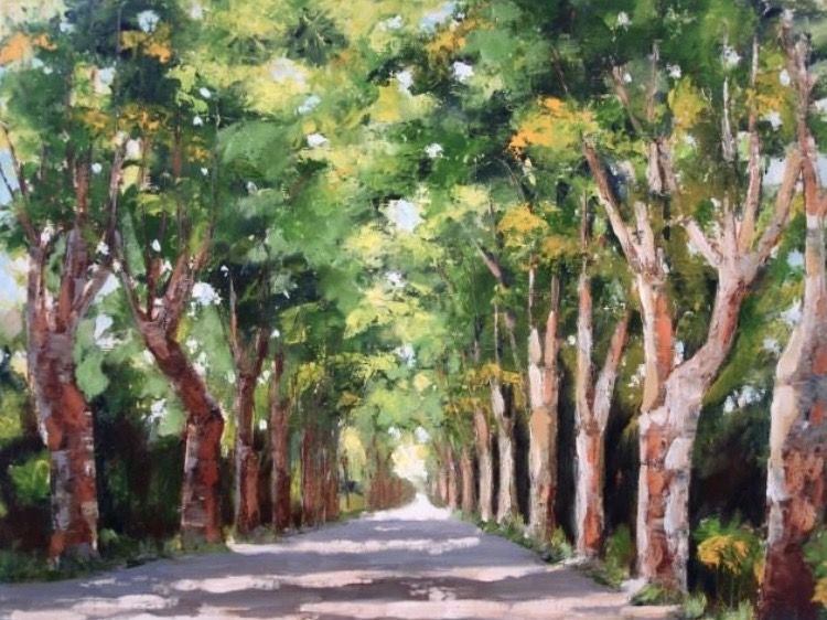 A painting by Grace McKee of a road between tall plane trees.