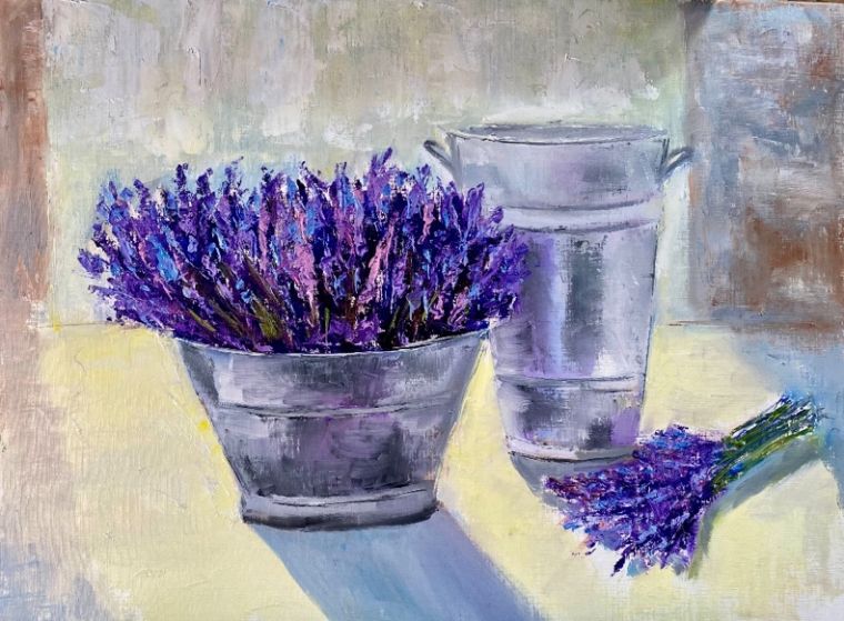 An oil painting by Grace McKee of lavender in zinc buckets on a sunlit table.
