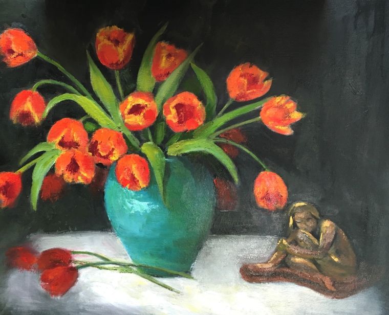An oil painting by Grace McKee of red tulips in a turquoise vase.